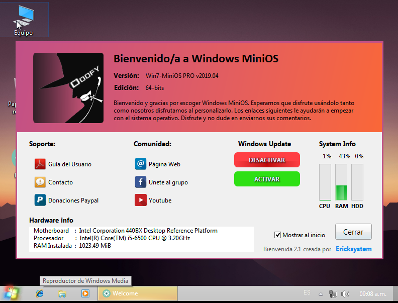 Características Windows MiniOS 7